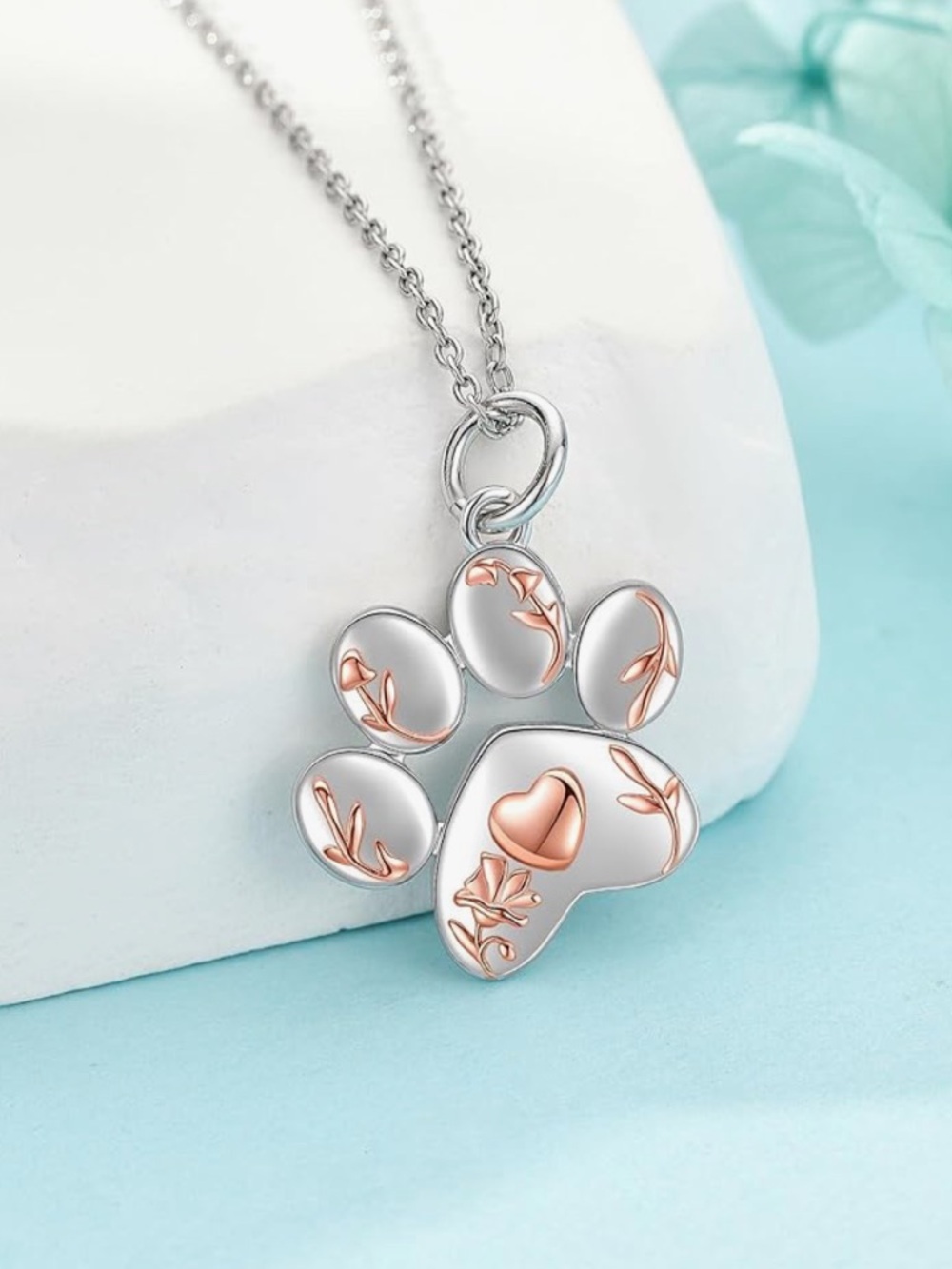 NEW IN BOX Sterling Silver Paw Print Pendant Necklace with Rose Gold Accents